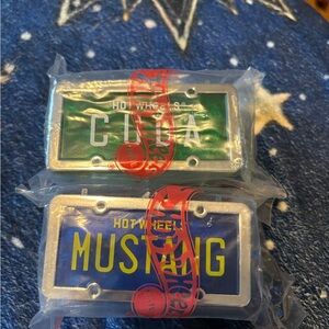 Hot Wheels Cuda and Mustang License Plates with cars